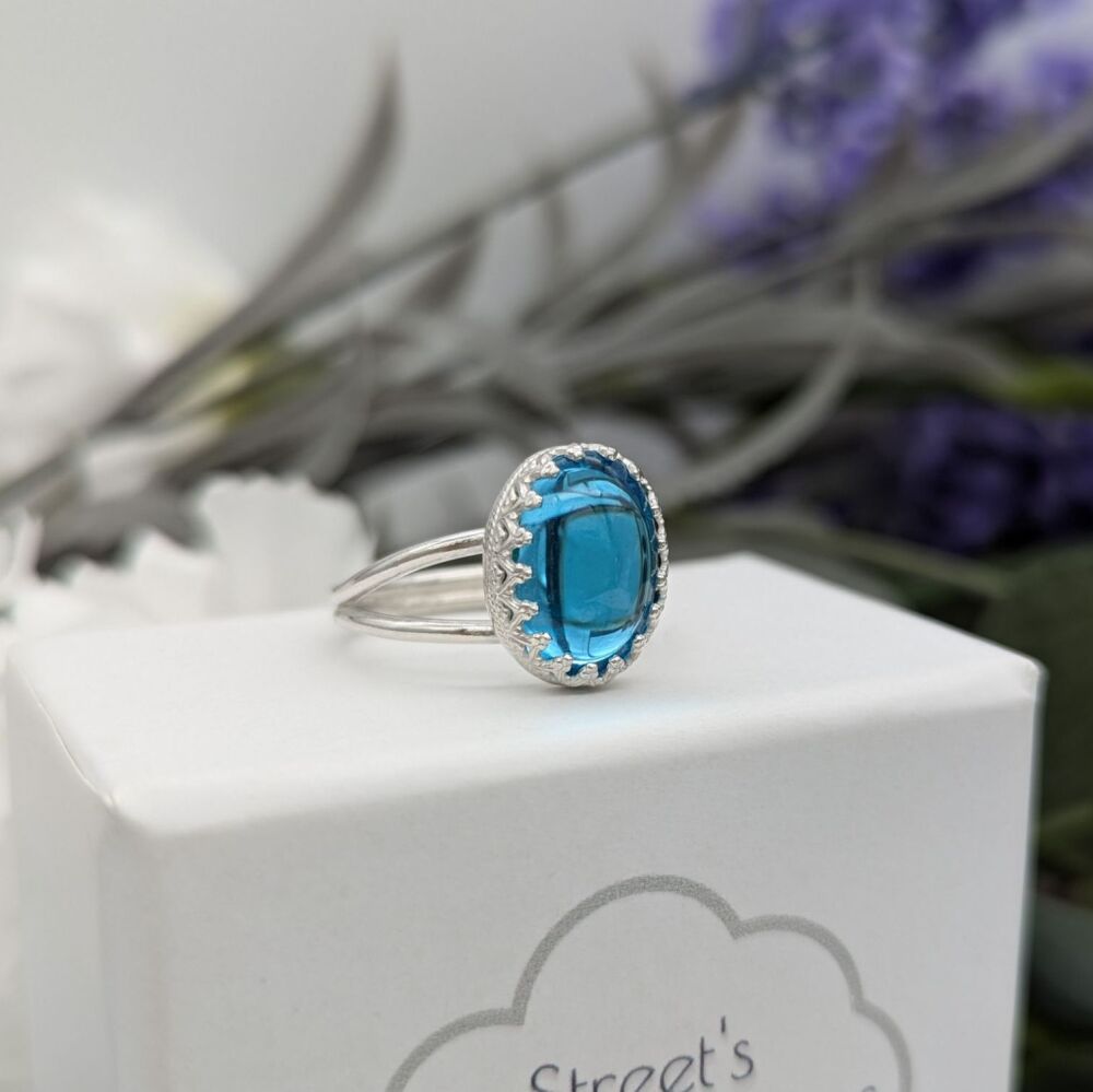 Aqua Glass Cabochon Ring | Silver Rings