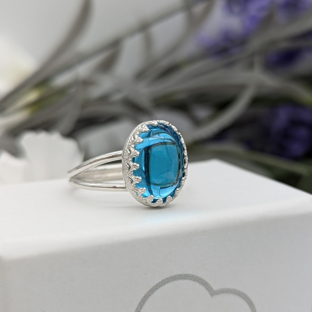 Aqua Glass Cabochon Silver Statement Ring