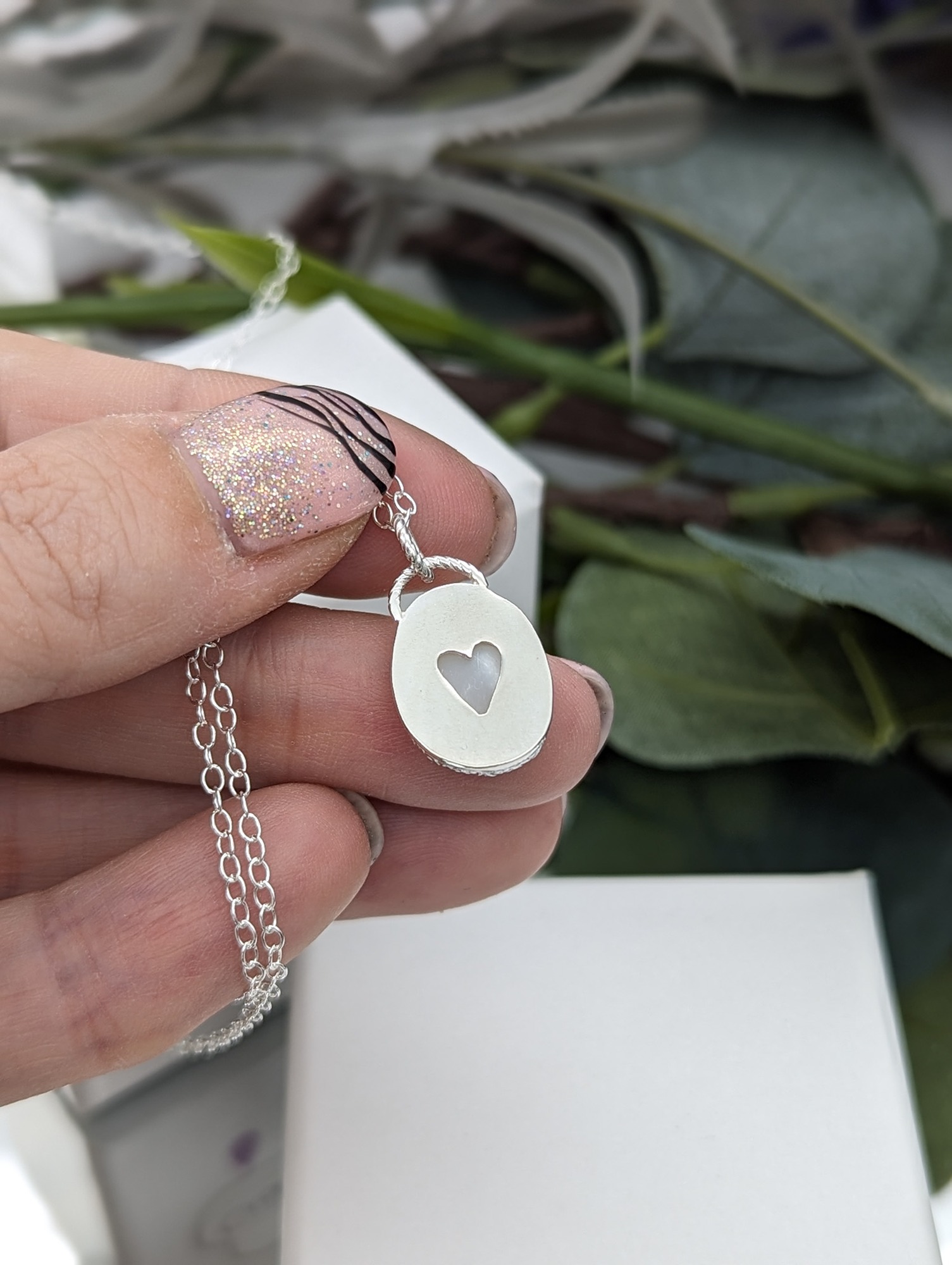 Mother of Pearl Silver Necklace with Heart Cut Out Detail on the Back