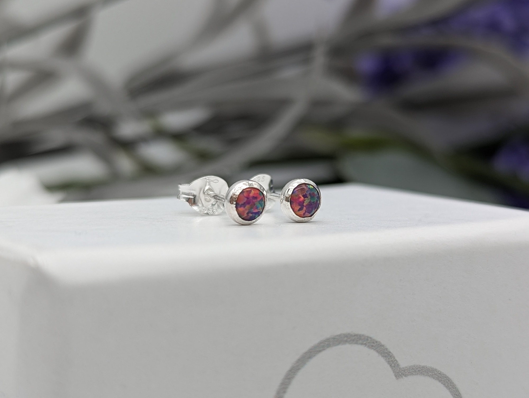 Silver and Created Opal Stud Earrings