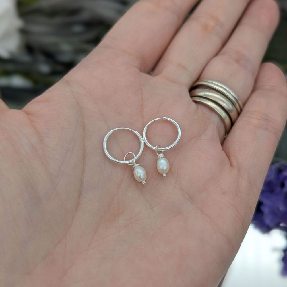 Silver Small Pearl Drop Hoop Earrings | Silver Earrings | Rice Pearls