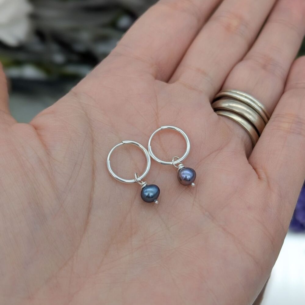 Silver Small Peacock Pearl Hoop Drop Earrings | Silver Earrings