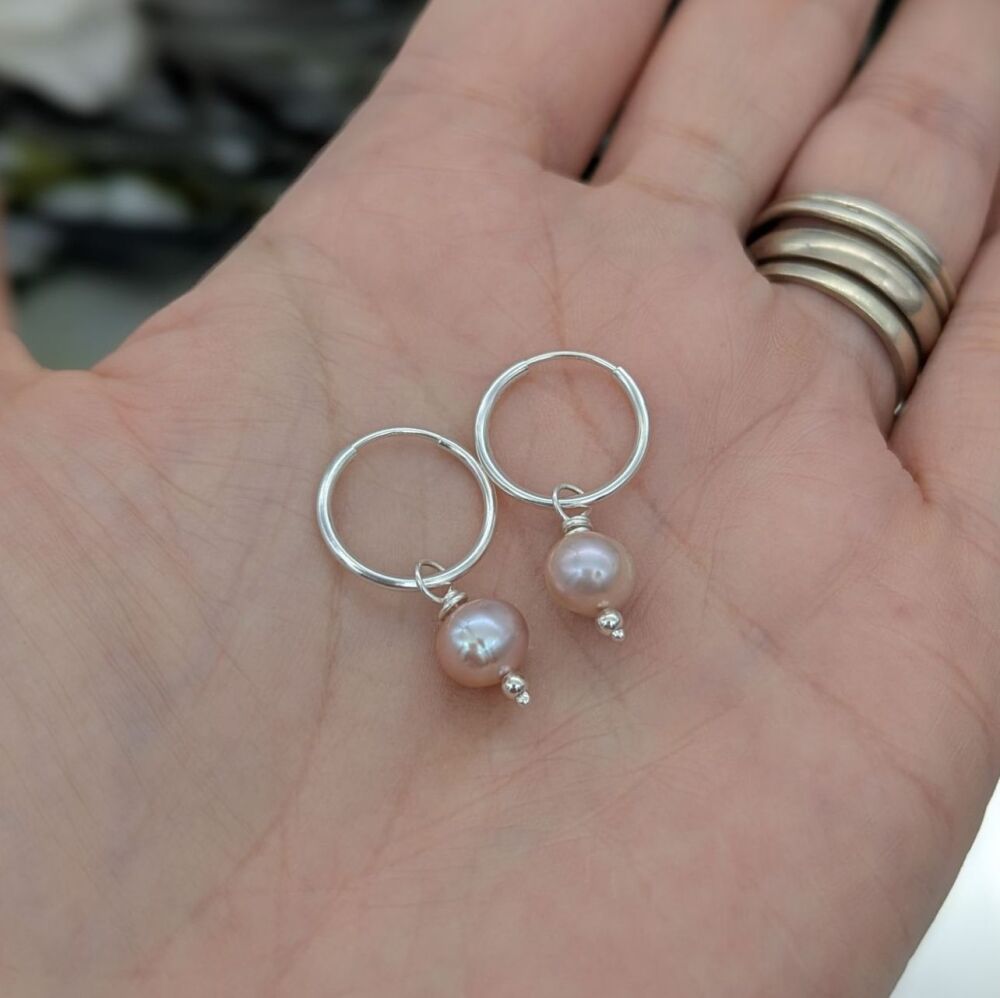 Silver Small Pink Pearl Drop Hoop Earrings | Silver Earrings