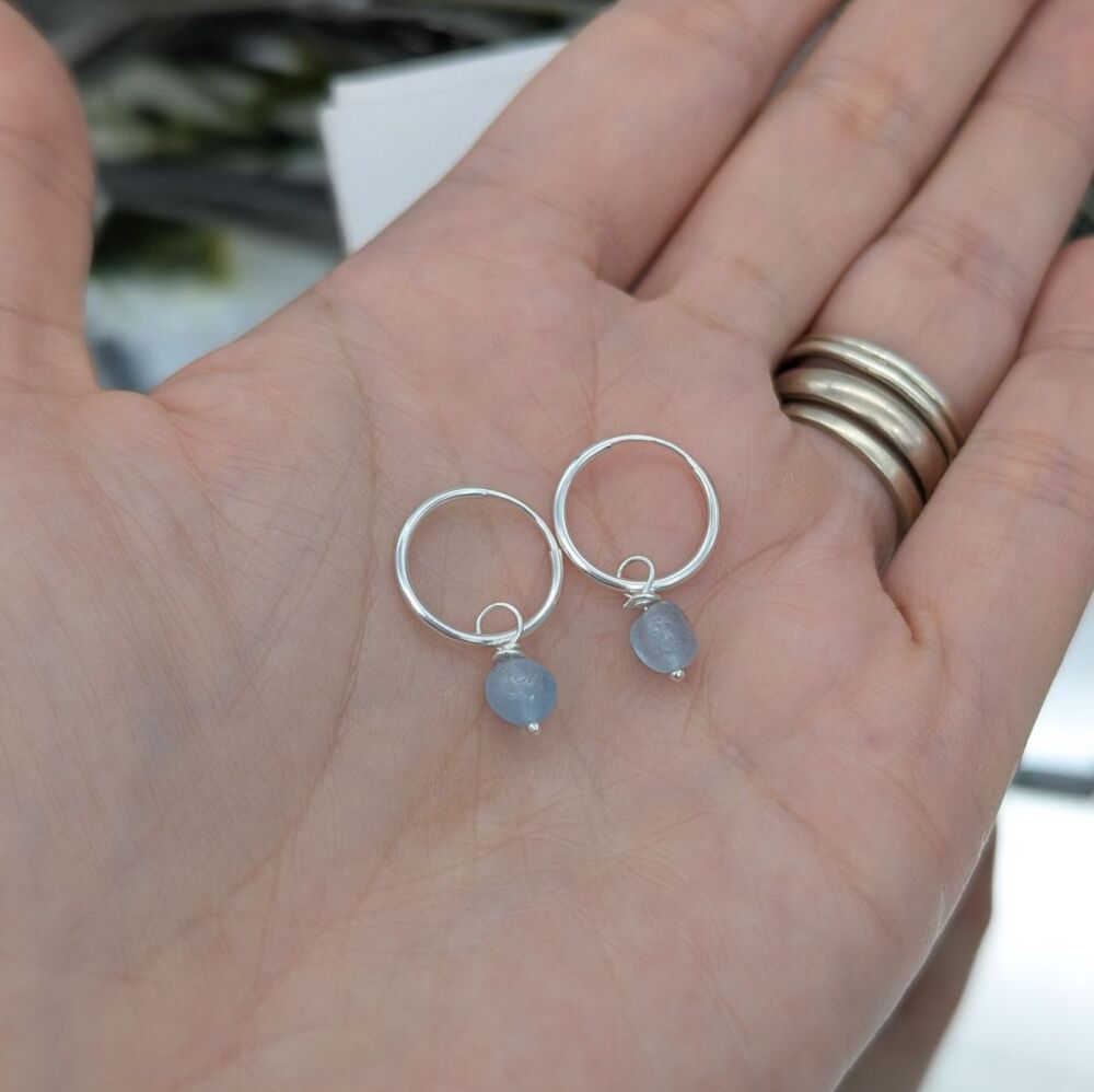 Small Silver Aquamarine Hoop Drop Earrings | Silver Earrings