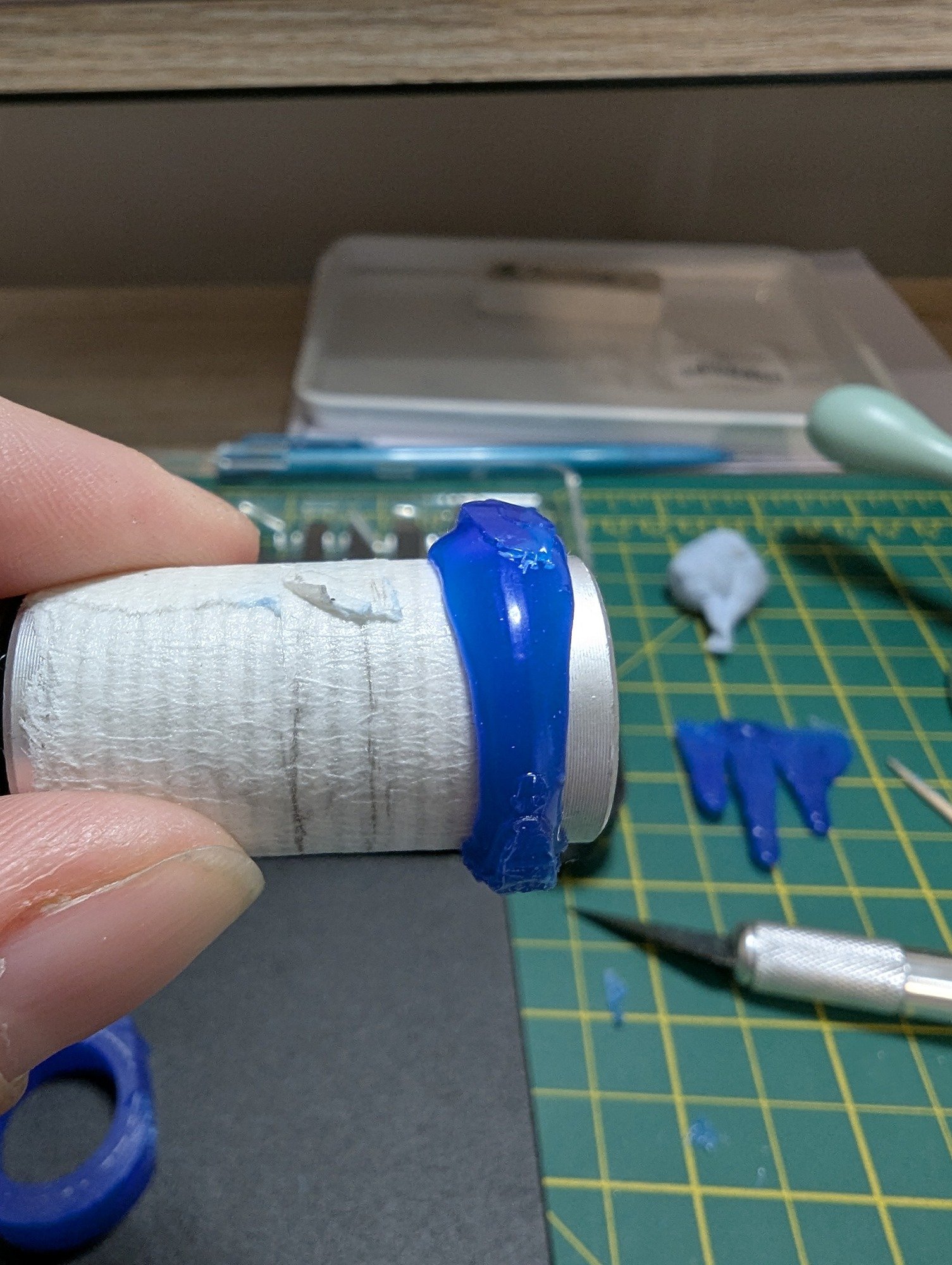 A work in progress of a wax master ring being created