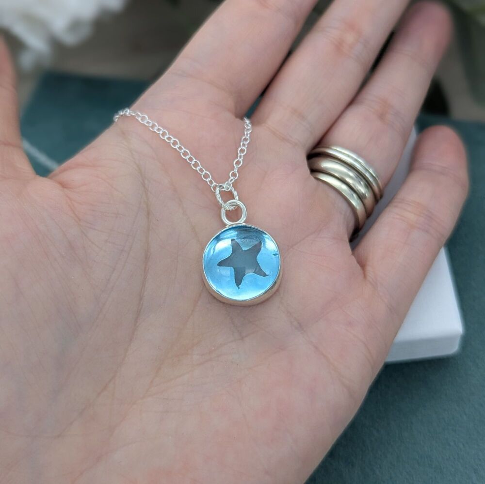 Silver Glass Pebble Necklace - Starfish