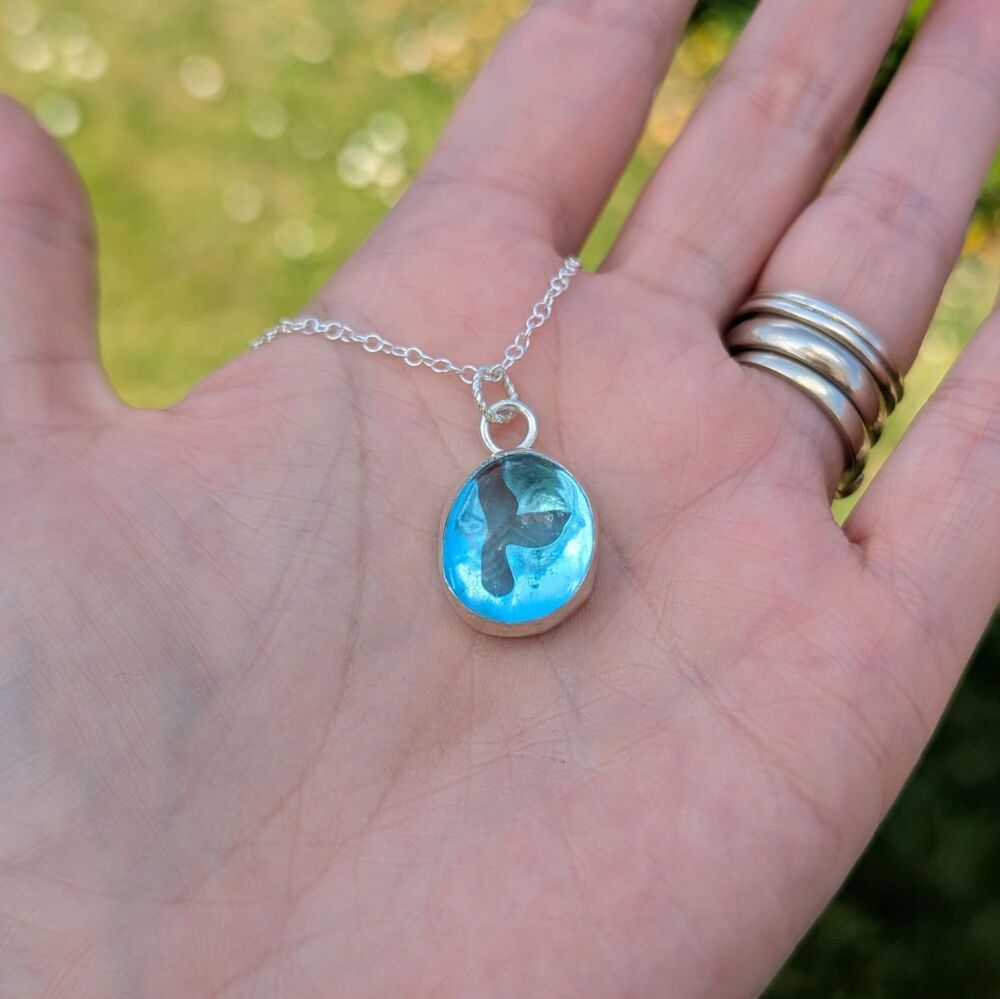 Silver Glass Pebble Necklace - Whale Tail