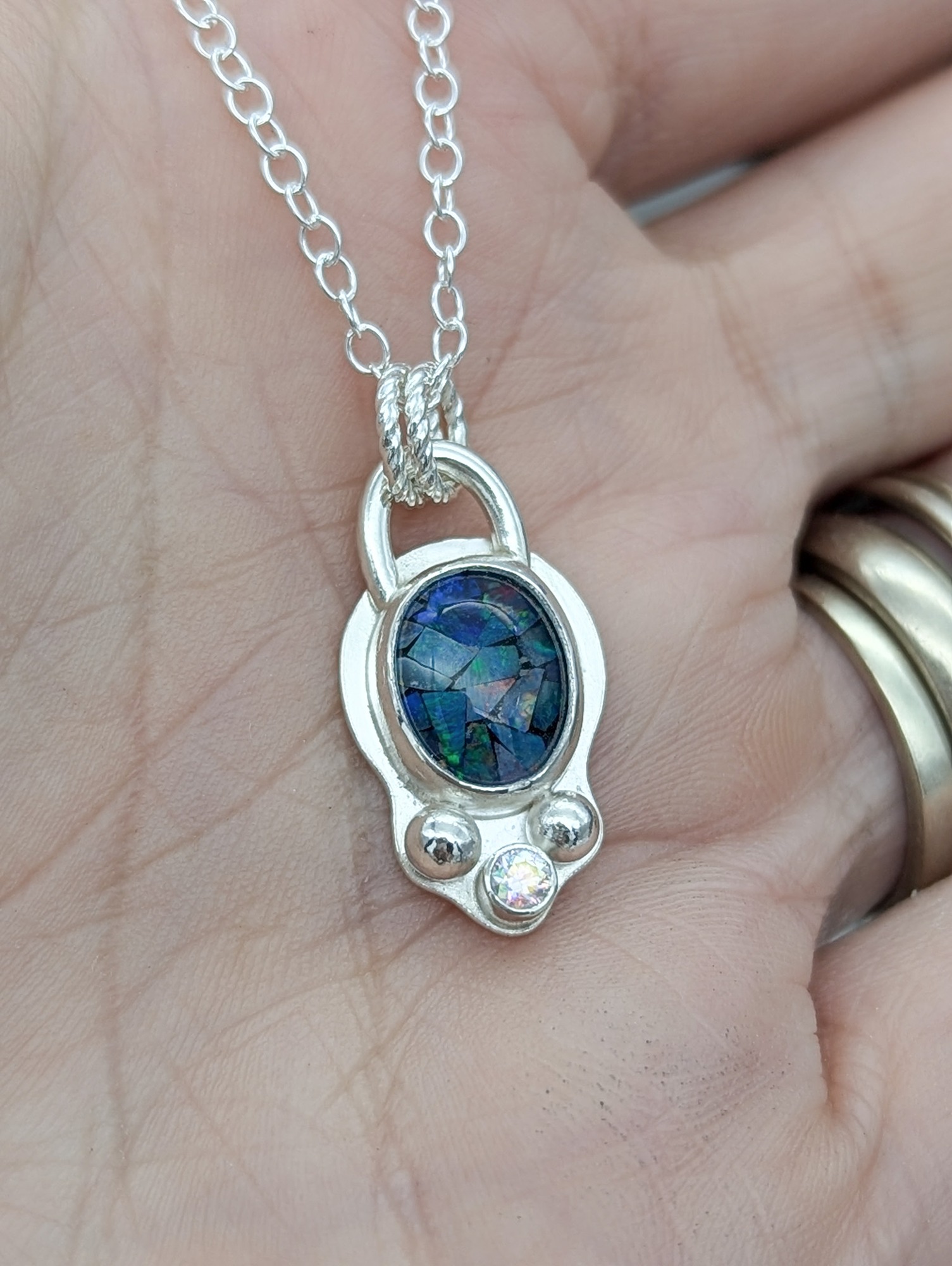 Silver Mosaic Opal & CZ Necklace