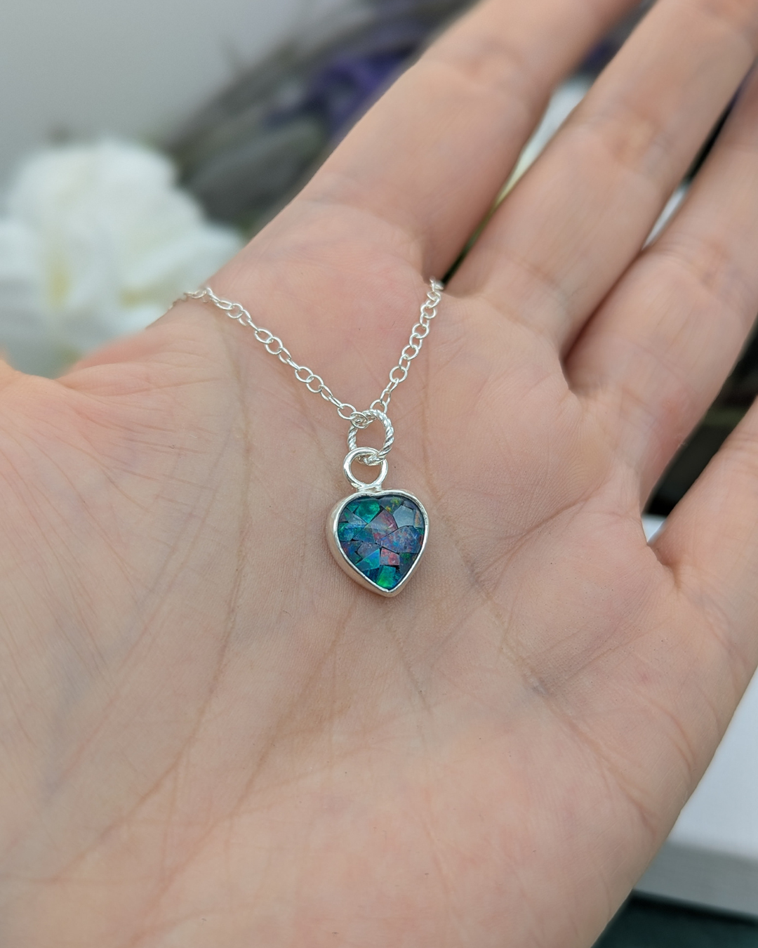 Silver and Mosaic Heart Opal Necklace