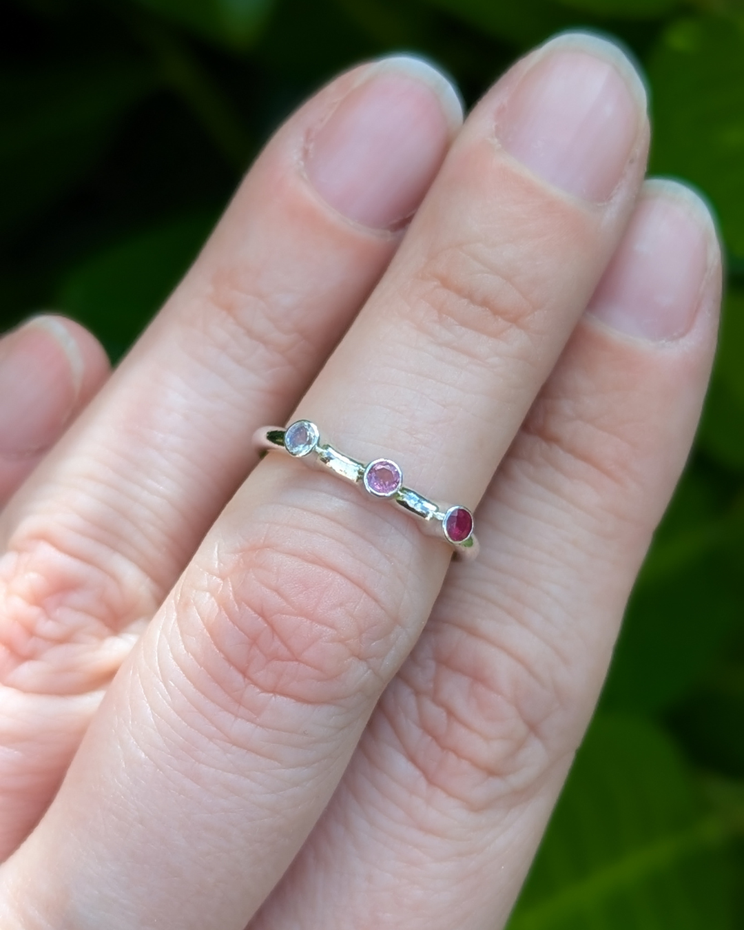Bespoke Silver Birthstone Ring with Moonstone, Pink Tourmaline & Ruby