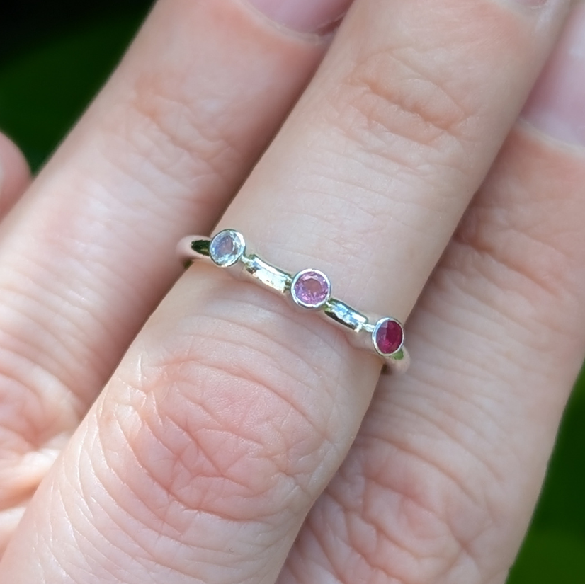 Bespoke Silver Birthstone Ring with Pink Tourmaline, Moonstone and Ruby