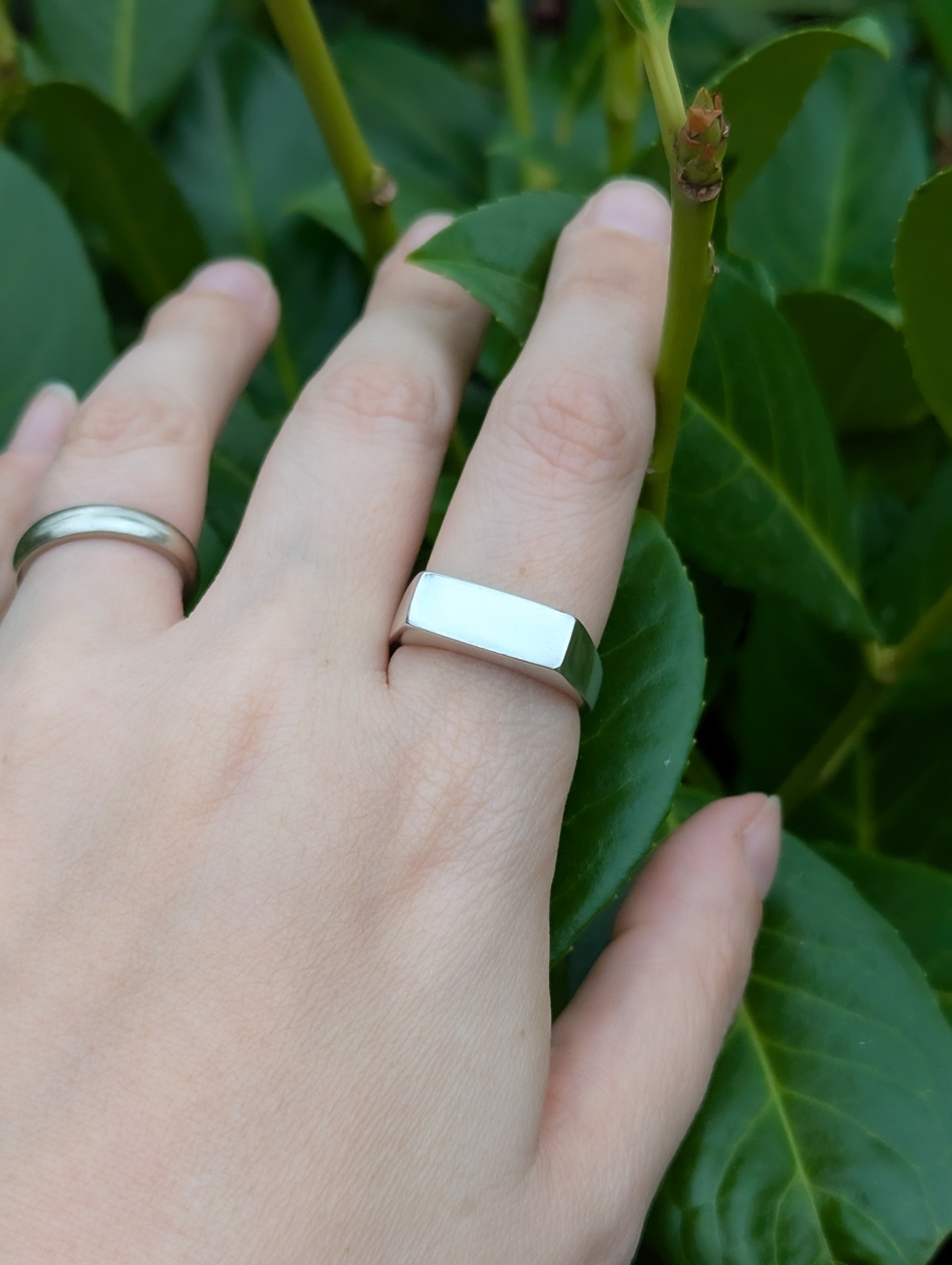 A sterling silver rectangle signet ring being worn on an index finger against a leafy background