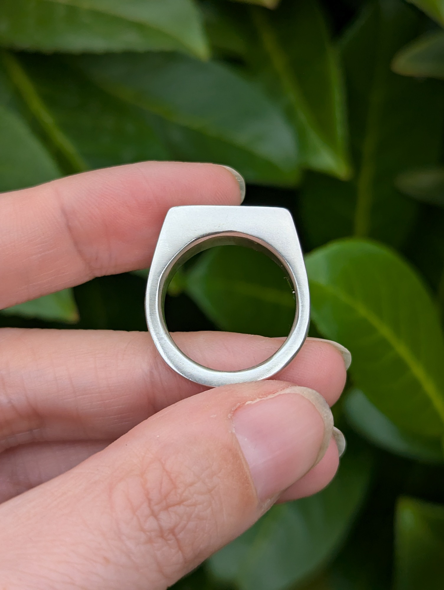 Side profile showing the whole of the signet ring against a leafy backdrop