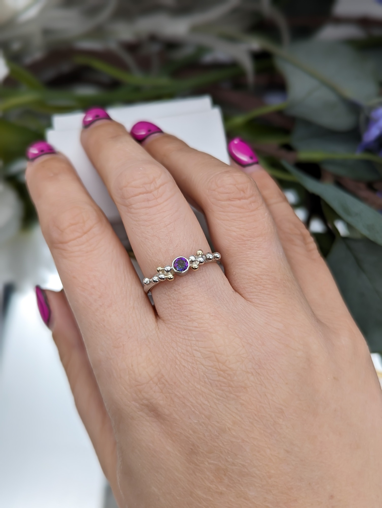 Mystic Topaz, silver & gold granulation gemstone ring modelled on a hand