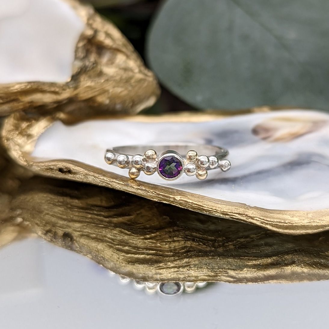 Mystic Topaz, silver & gold granulation gemstone ring 