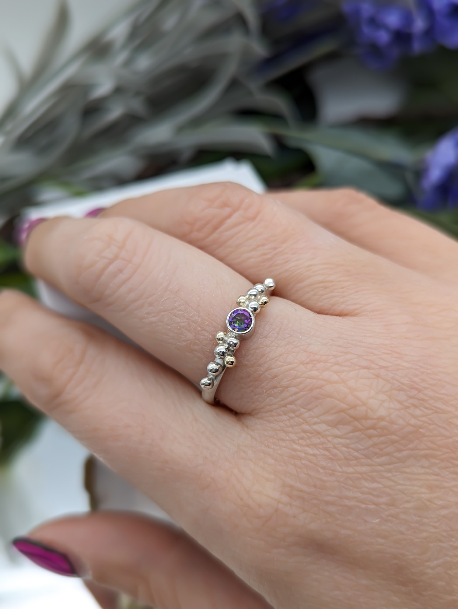 Mystic Topaz, silver & gold granulation gemstone ring modelled on a hand