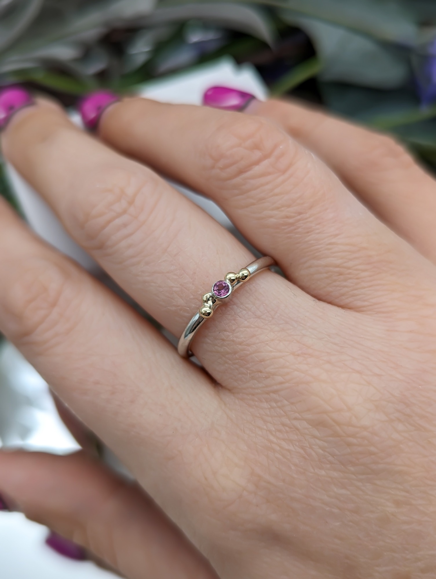 Pink tourmaline & gold granulation ring