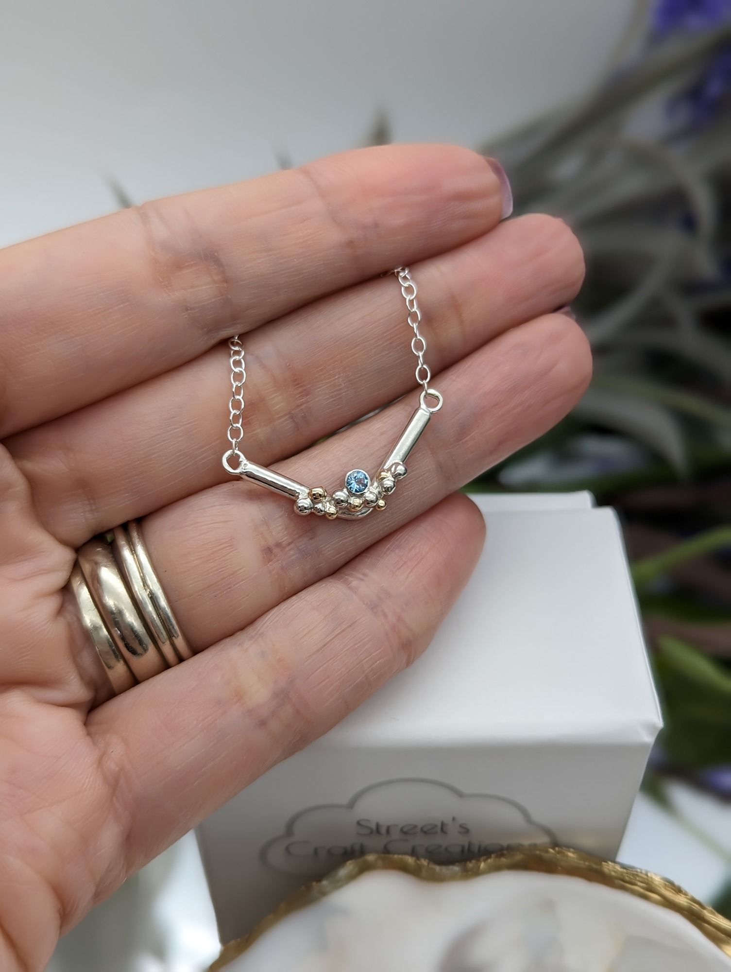 Swiss blue topaz with gold granulation detail necklace