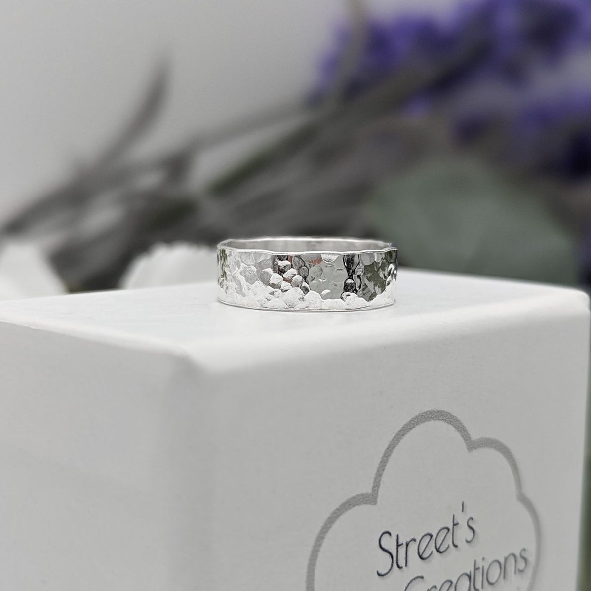 Silver hammered wide ring band
