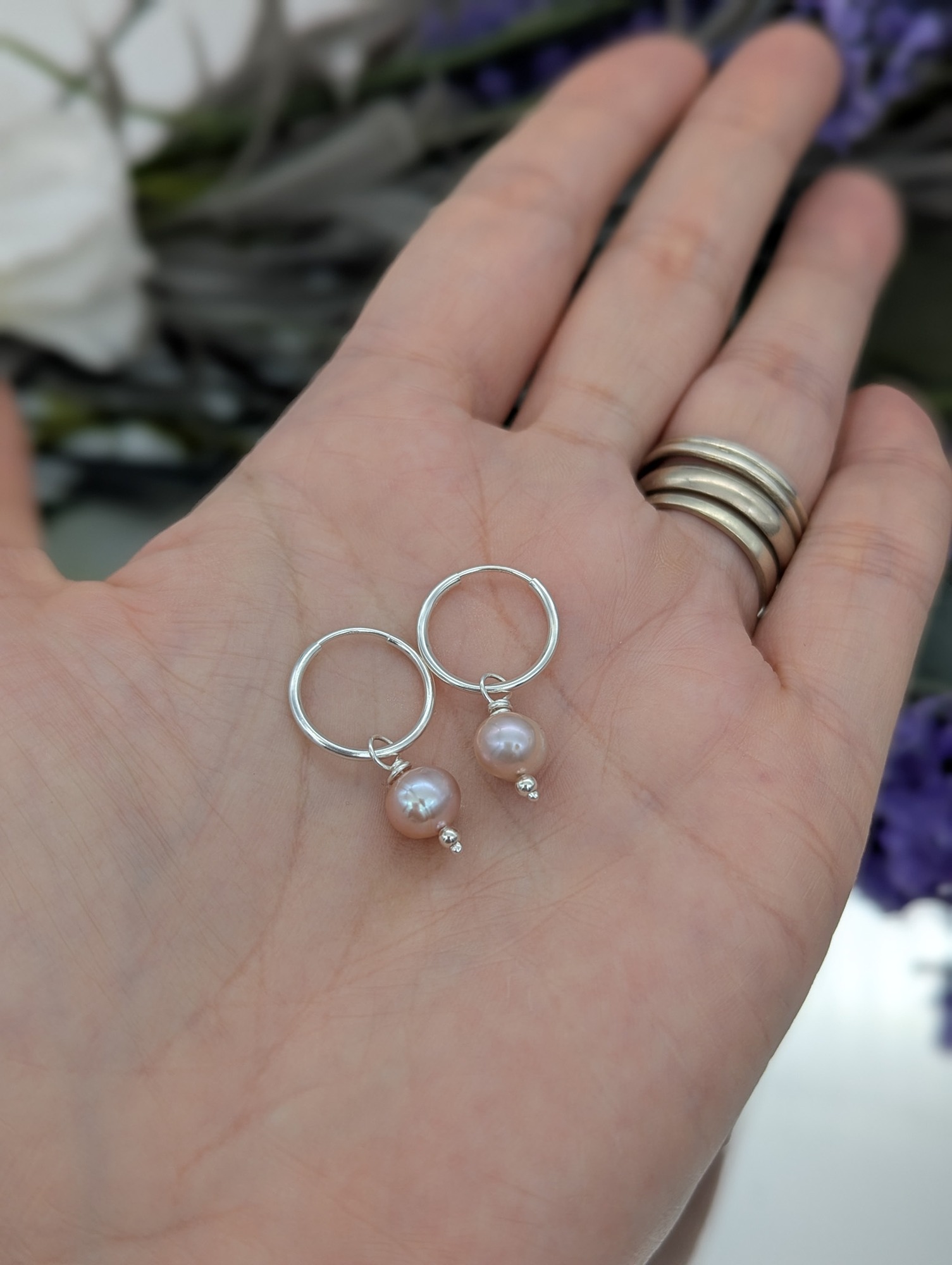 Pink Pearl & silver hoop drop earrings