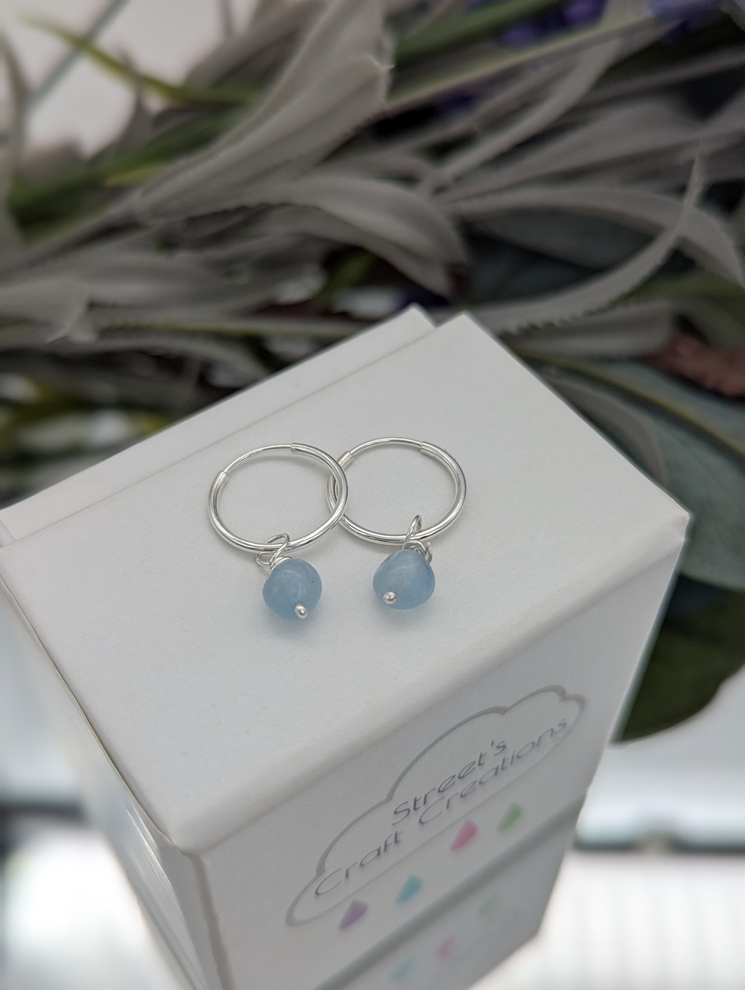 Aquamarine silver hoop drop earrings