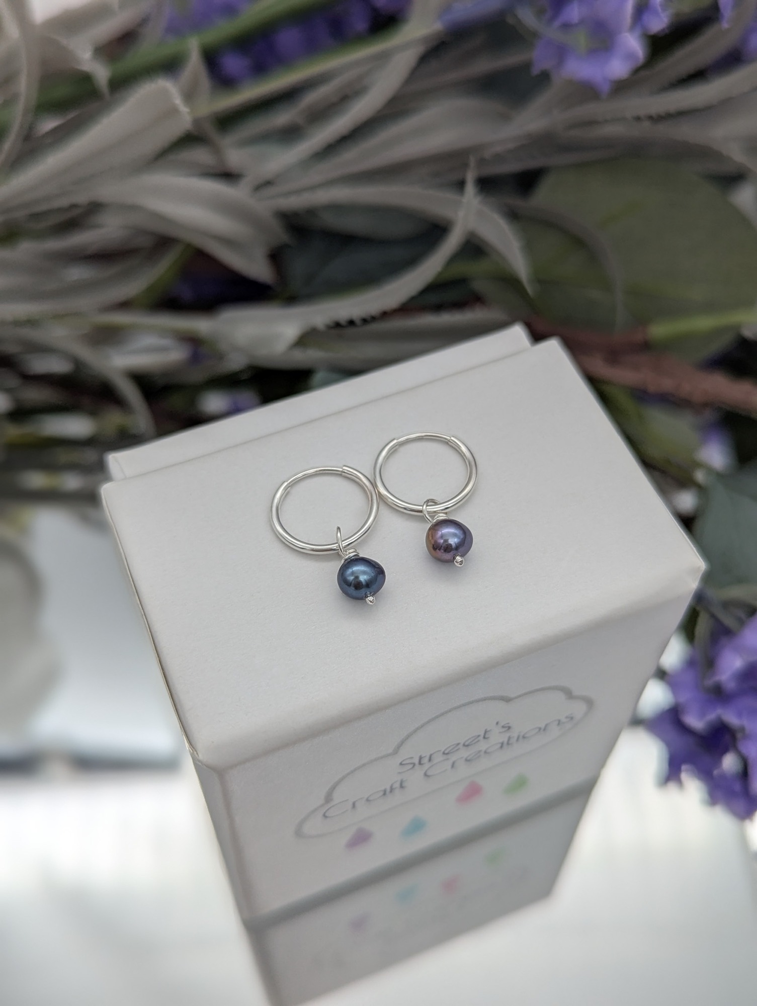 Peacock pearl and silver hoop earrings