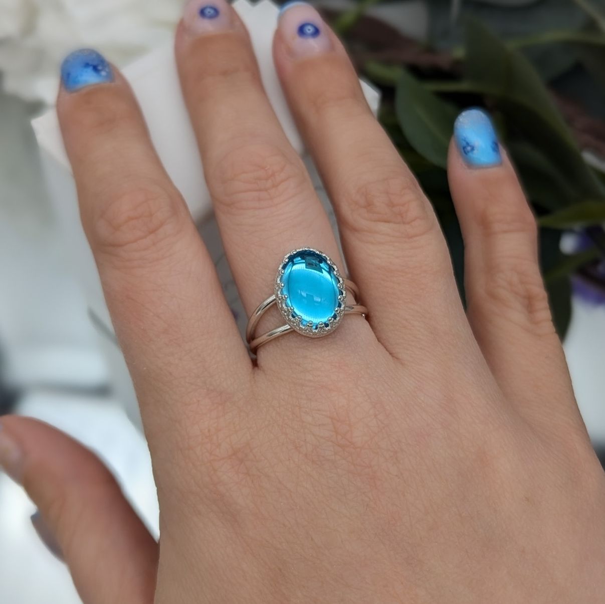 Aqua glass cabochon and silver ring