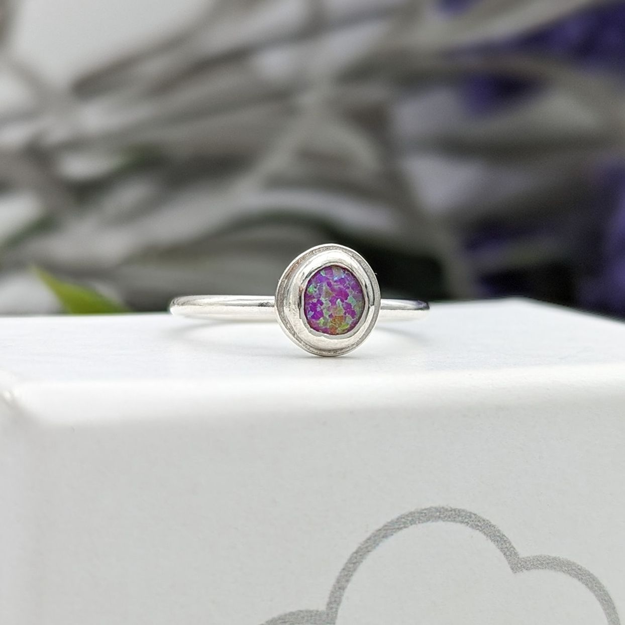 Pink created opal & silver ring