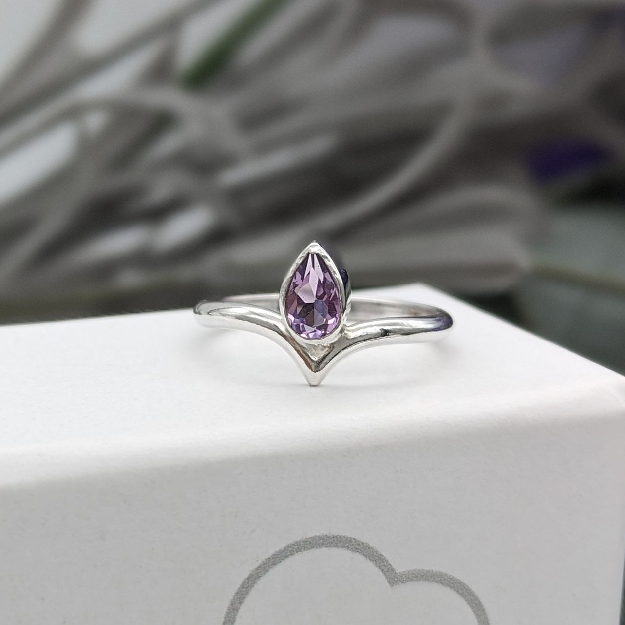 Facet cut Amethyst wishbone ring