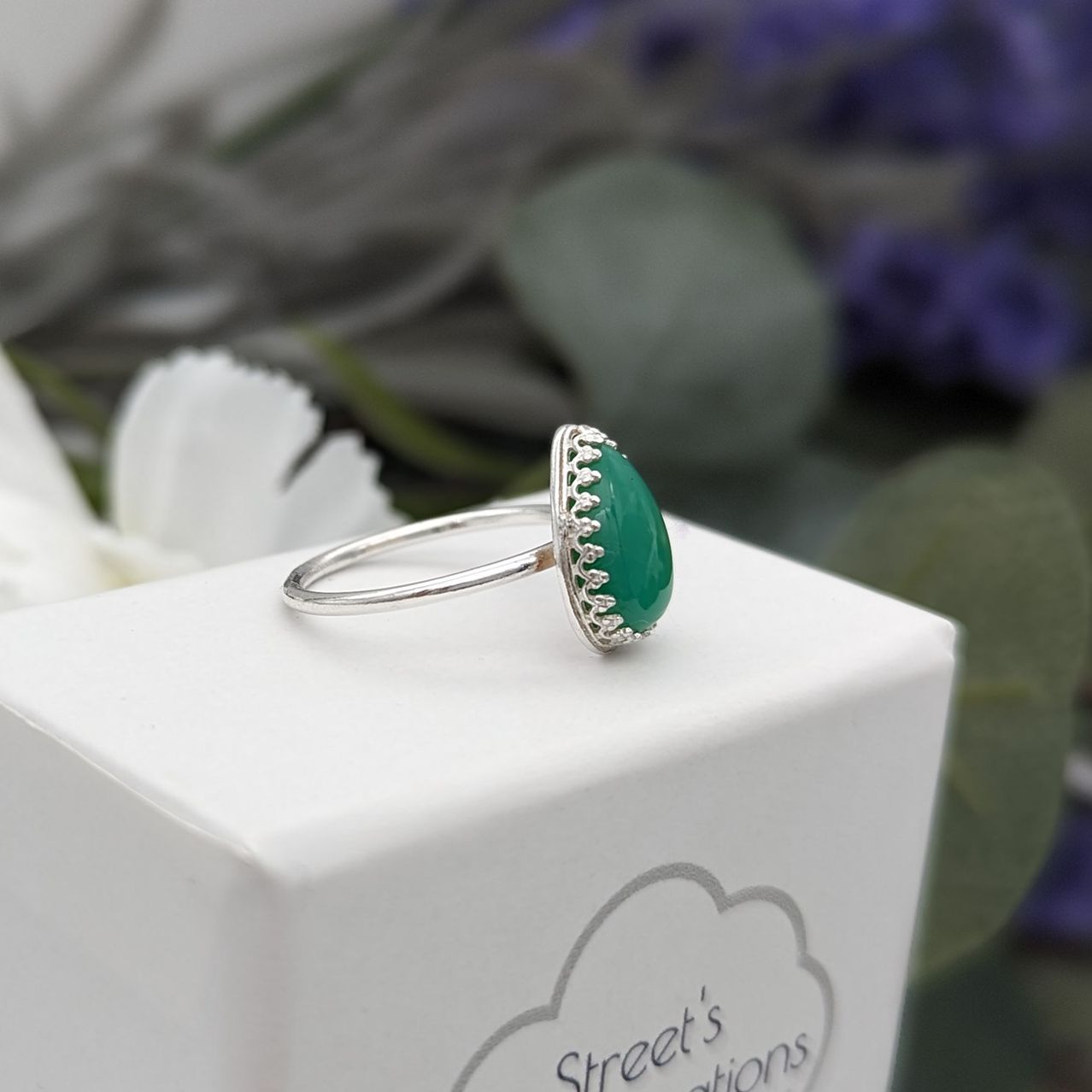 Silver & Chrysoprase ring on a white jewellery box