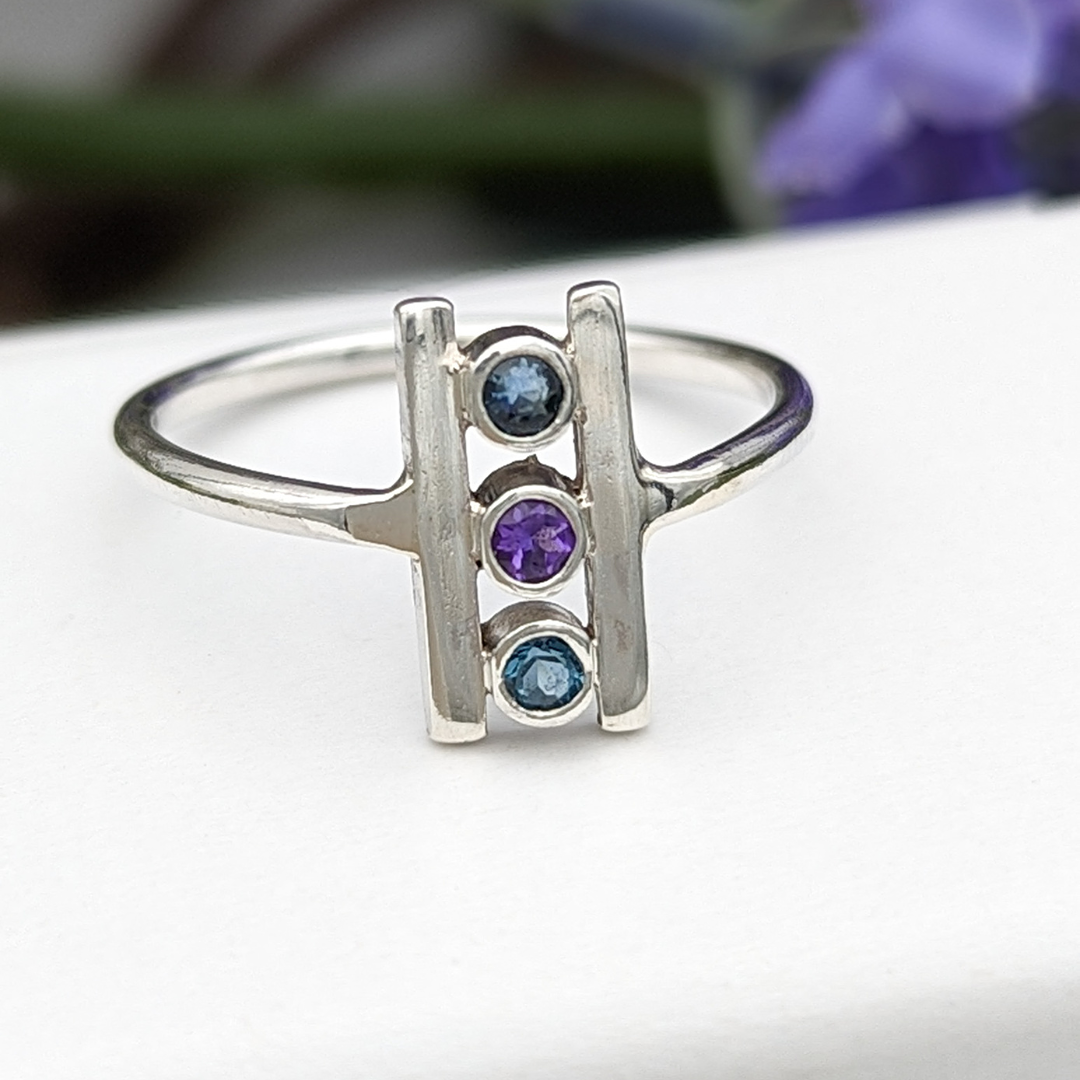 Sapphire, Amethyst and london blue topaz ring