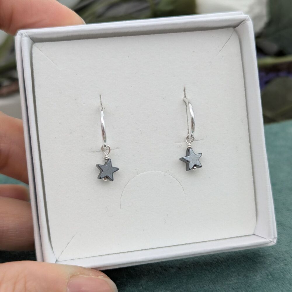 Hematite Star Hoops | Silver Earrings