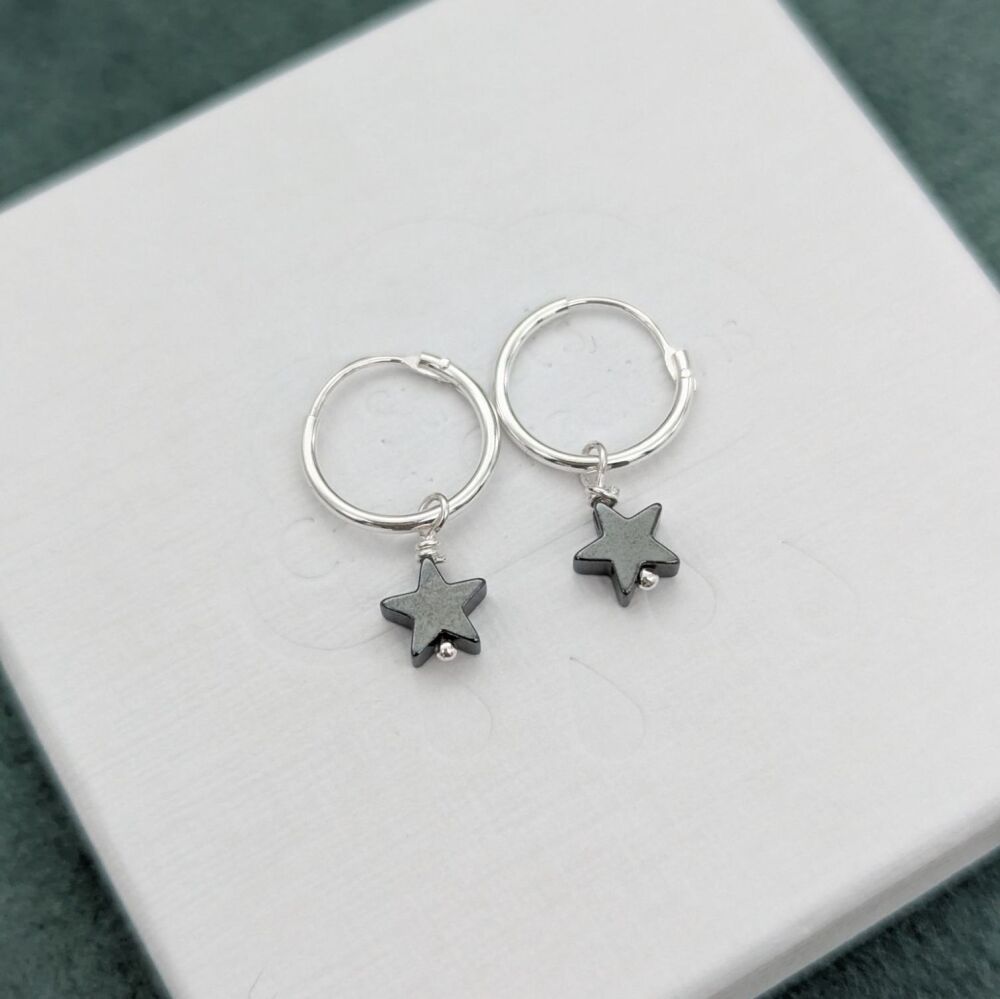 Hematite Star Hoops | Silver Earrings