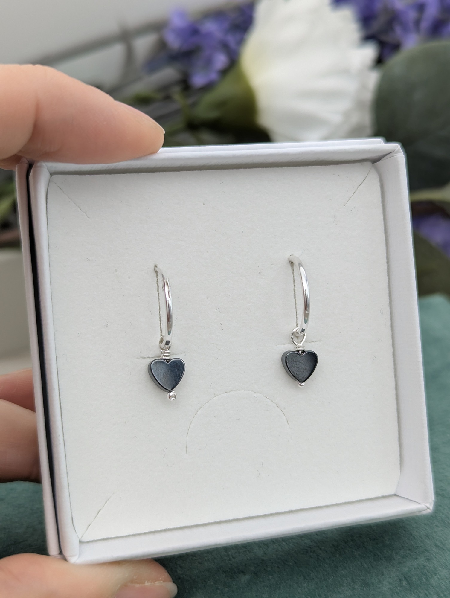Silver & hematite hoop earrings presented in a jewellery gift box