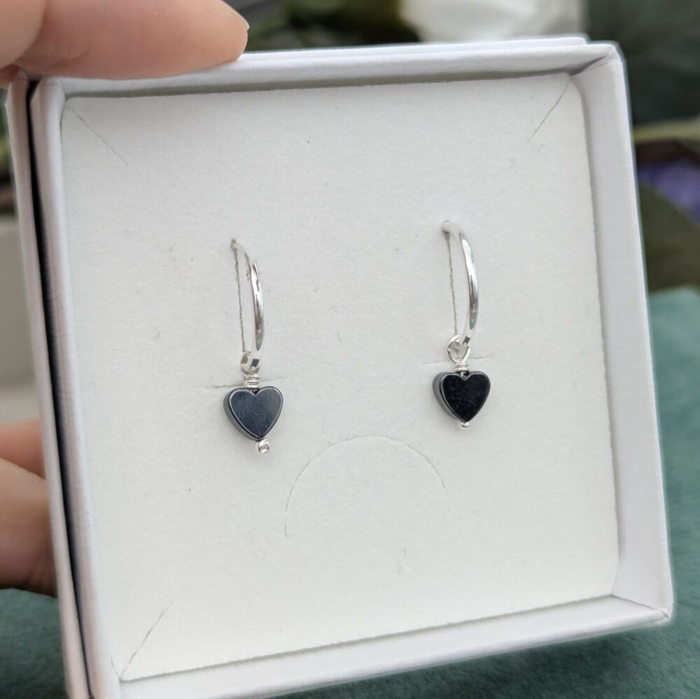 Hematite Heart Hoop Earrings | Silver Earrings