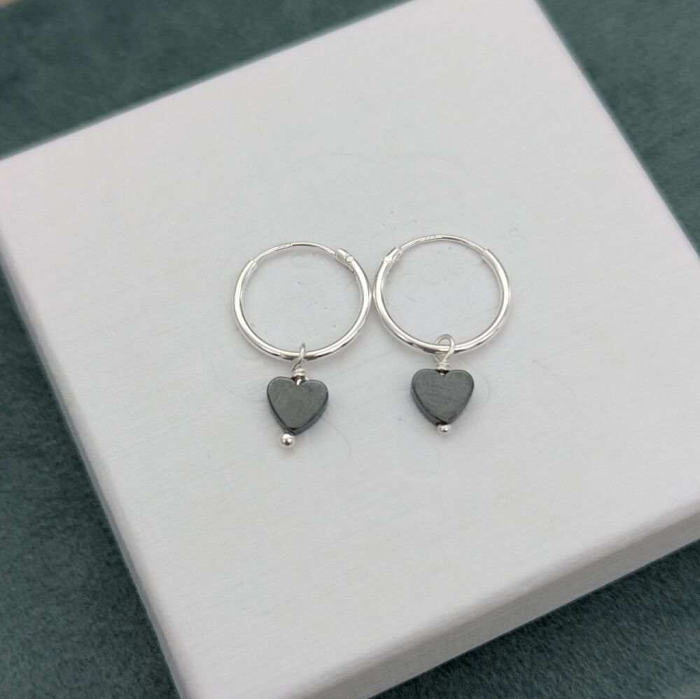 Hematite Heart Hoop Earrings | Silver Earrings