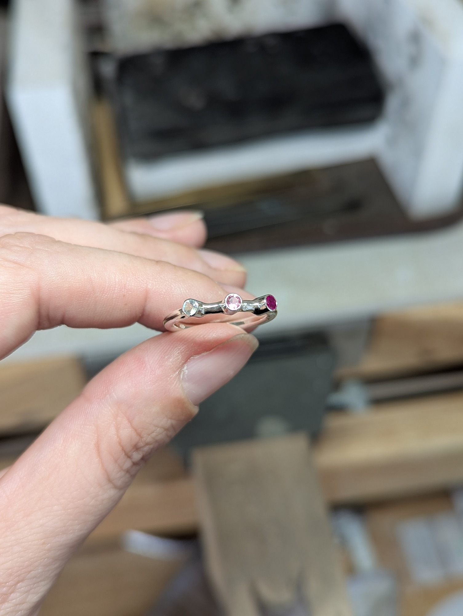 3 gemstone birthstone ring in the workshop