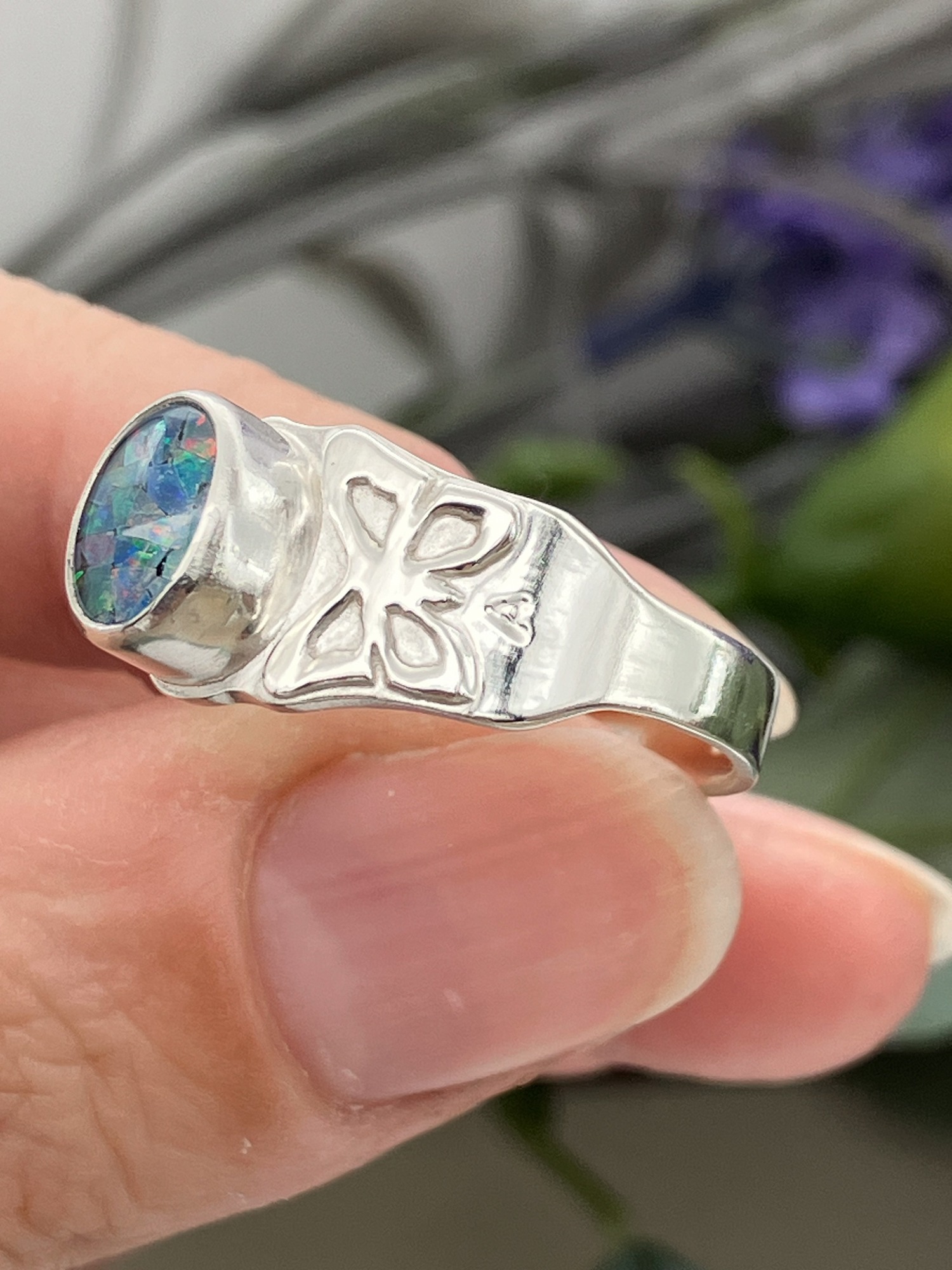 handmade silver opal ashes ring with moonstone and personalised detail