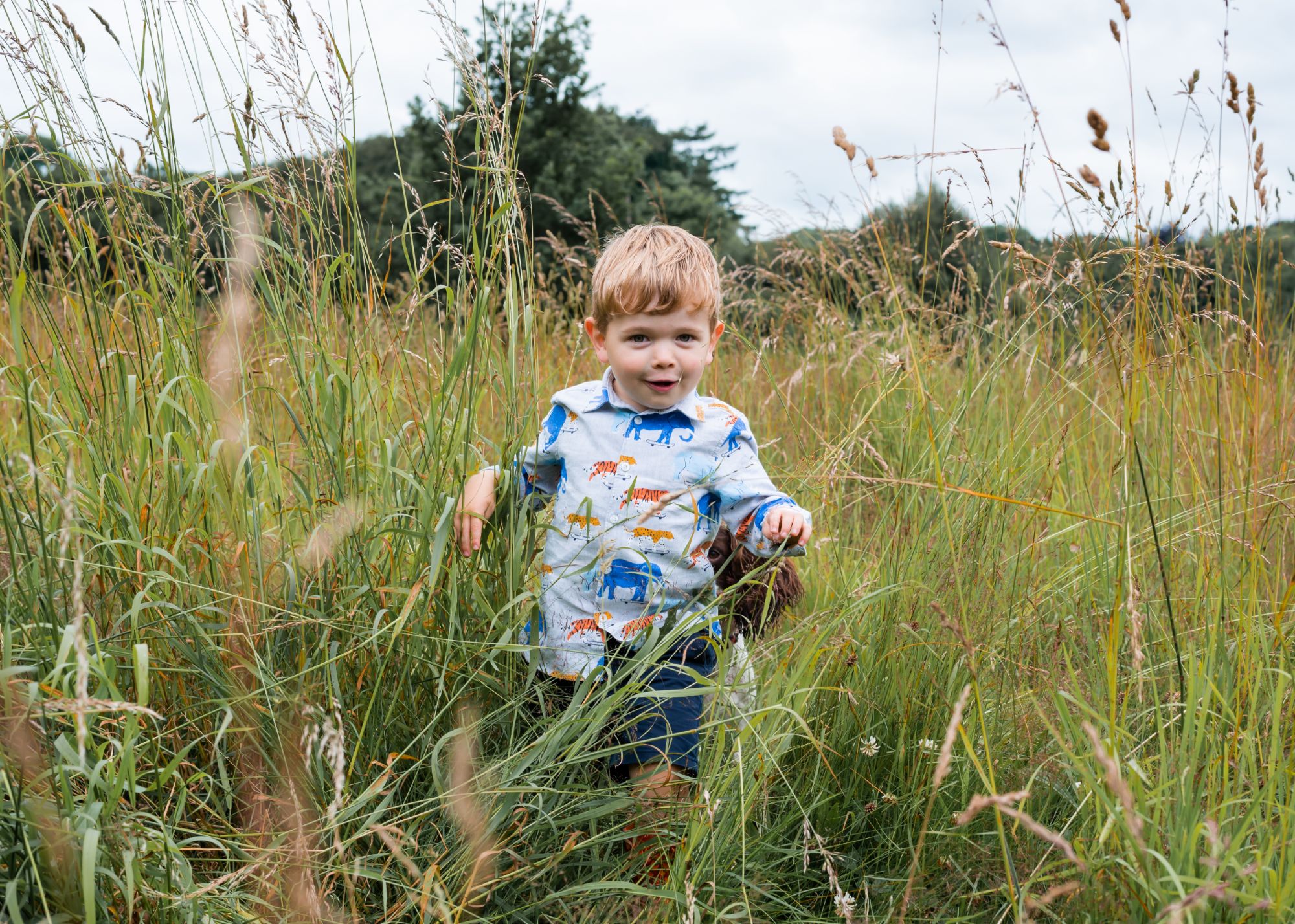 A little boy walks through the tall grasses in a field, he's surprised to find the photographer lay down to get the same eye level as him so is pulling a funny face