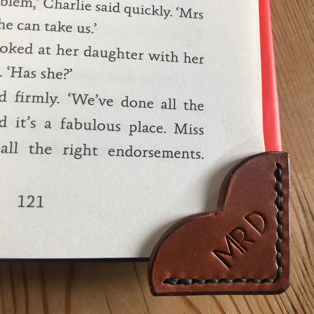 HAND STITCHED LEATHER HEART SHAPED BOOK MARK