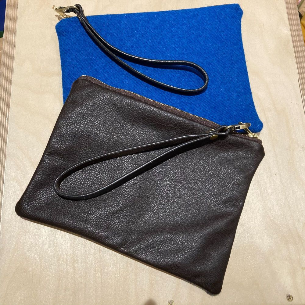 BLUE HARRIS TWEED & LEATHER CLUTCH BAG
