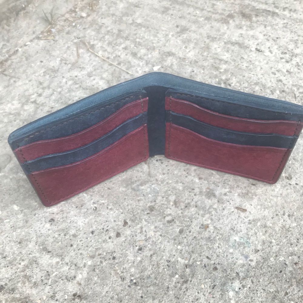 Navy & Burgandy Hand Stitched Italian Leather Wallet