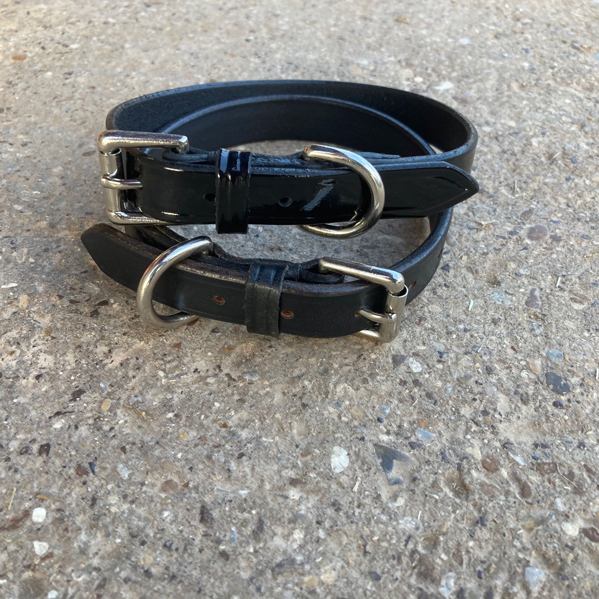 Black bridle leather and black patent leather collars