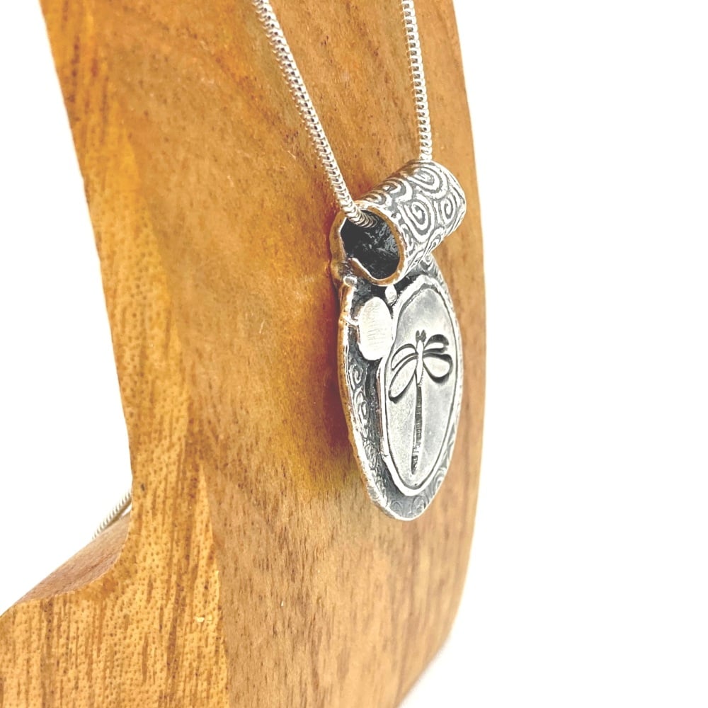Dragonfly Silver Pendant - organic shape with patterns both side