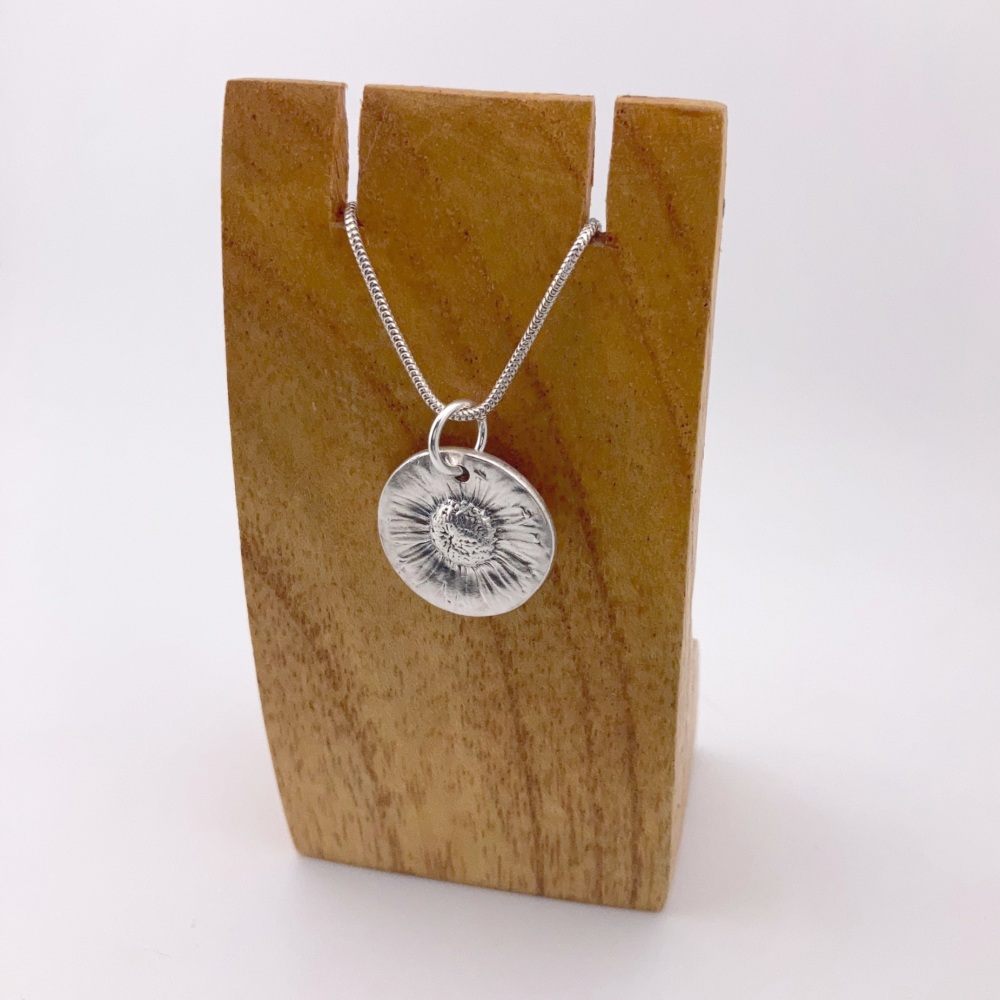 Silver Daisy Pendant - made using the imprint of a real daisy from our lawn