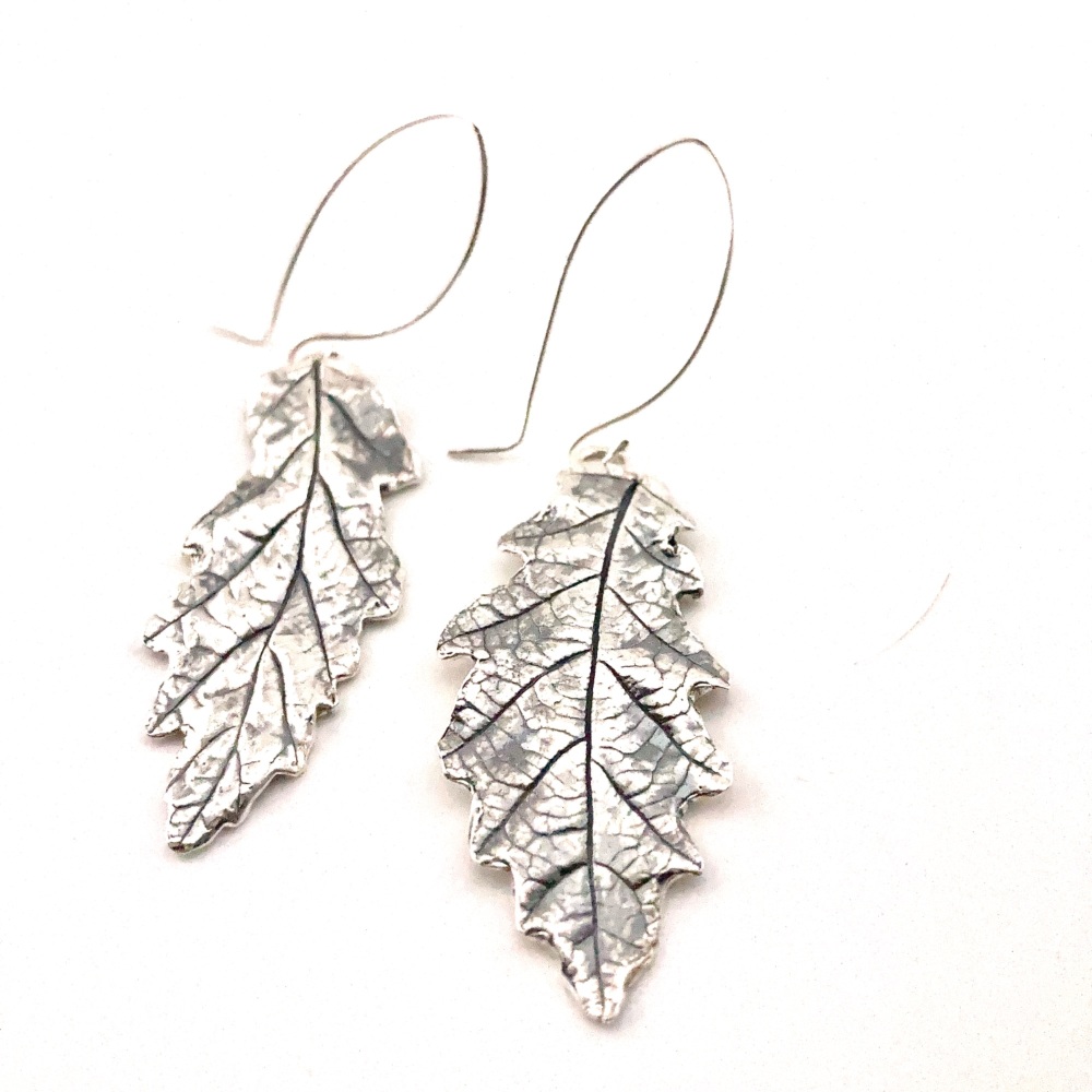 NB - Not yet back from being hallmarked. Hallmarked Statement Silver Oak leaf earrings - created by coating real leaves in layers of silver