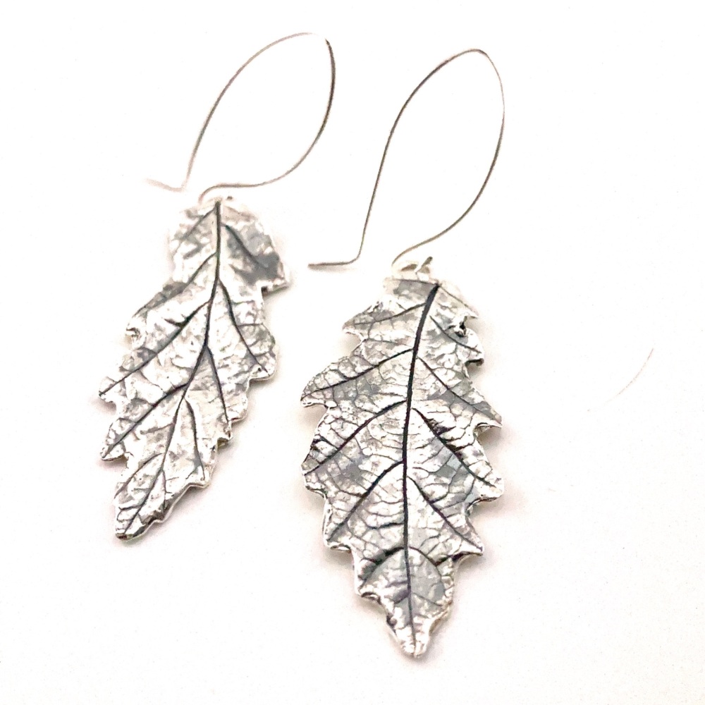 Hallmarked Statement Silver Oak leaf earrings 