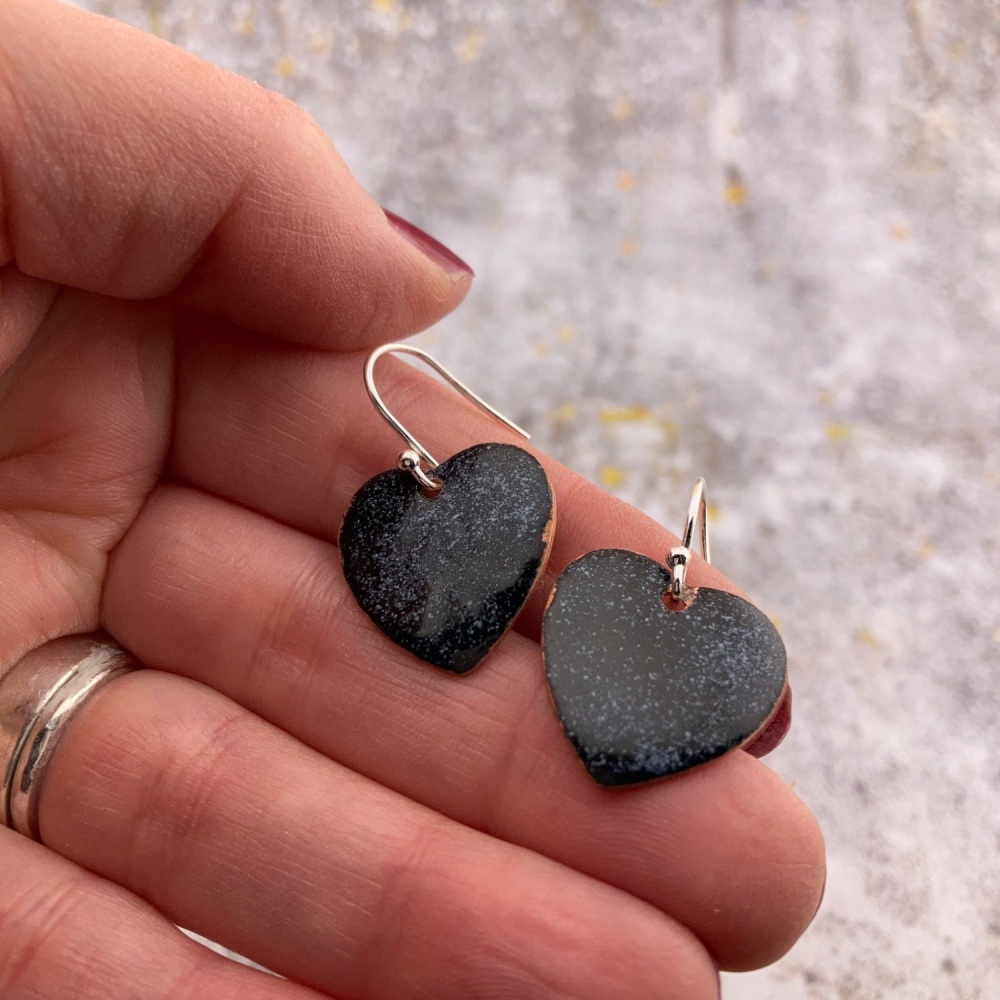 SECONDS BLACK- Enamelled heart shaped earrings -the enamel doesn't perfectly cover up the copper