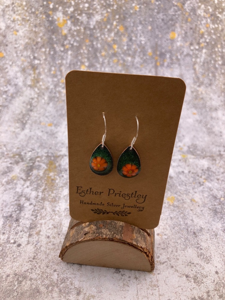 DARK GREEN (#2) earrings with Orange Flower- Bright & colourful handmade designer earrings on sterling silver hooks