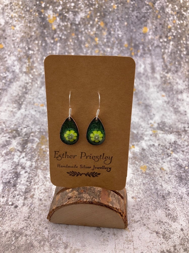 DARK GREEN (#5) Enamel Earrings with green Flower- Bright & colourful handmade designer earrings on sterling silver hooks